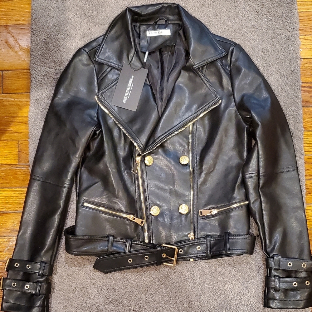 NWT Size M Pretty Little Thing Blk Double-breasted Military Button Biker Jacket
